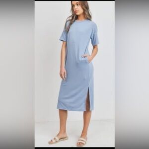 Cherish Blue Knit T Dress with pockets and side slit